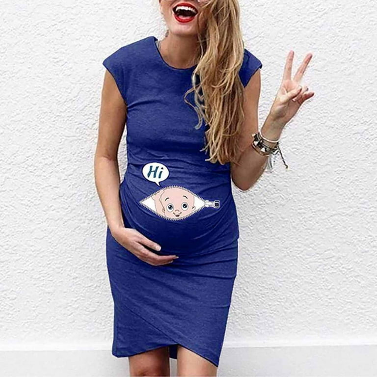 Taqqpue Womens Summer Maternity Dress Short Sleeve Round Neck Cute Funny  Baby Print Pregnancy Bodycon Tank Dress Maternity Clothes Side Ruched  Bodycon Dress for Daily Wearing or Baby Shower 