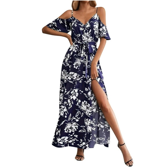 Taqqpue Womens Summer Maxi Dress V Neck Cold Shoulder Short Sleeve Casual Loose Long Split Dress Floral Boho Flowy Tropical Print Beach Long Sundress