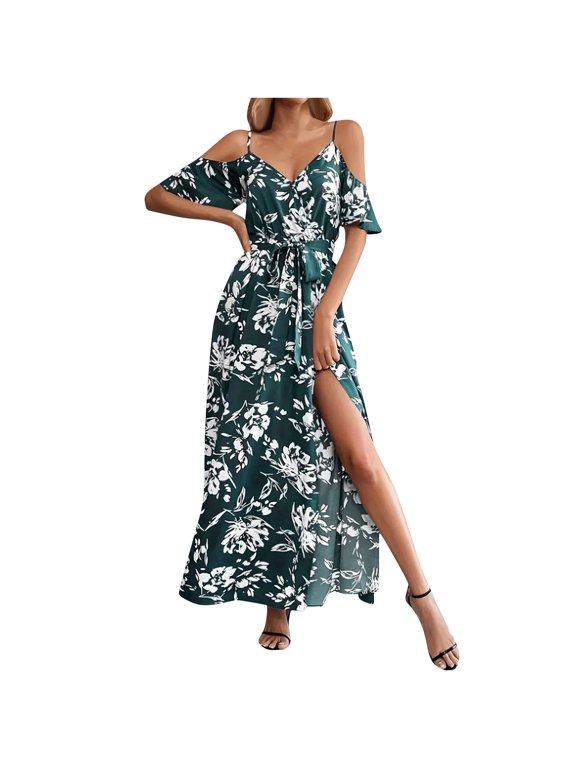 Womens Summer Maxi Dress V Neck Cold Shoulder Short Sleeve Casual Loose Long Split Dress Floral Boho Flowy Tropical Print Beach Long Sundress
