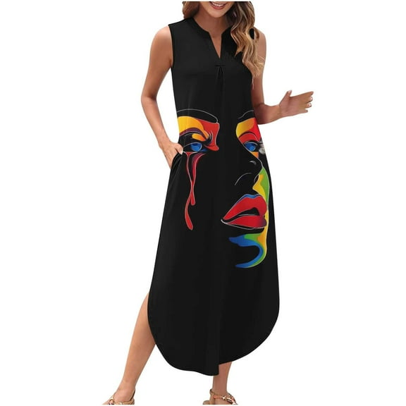 Taqqpue Womens Summer Maxi Dresses Floral Tropical Print V Neck Sleeveless Dress Flowy Boho A Line Beach Long Sundress