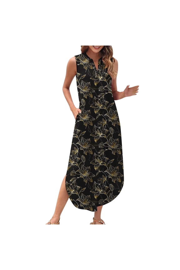 Womens Summer Maxi Dresses Floral Tropical Print V Neck Sleeveless Dress Flowy Boho A Line Beach Long Sundress