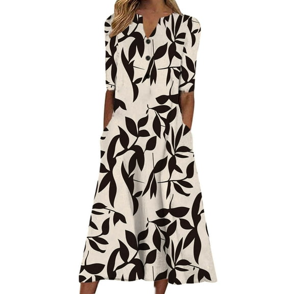 Taqqpue Womens Summer Maxi Dresses V Neck Short Sleeve Beach Dress Casual Loose Flowy Tropical Print Long Sundress
