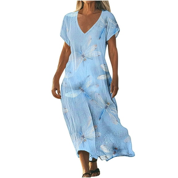 Taqqpue Womens Summer Maxi Dresses V-Neck Short Sleeve High Waist Flowy T Shirt Dress Casual Loose Sundress Tropical Print Beach Dresses