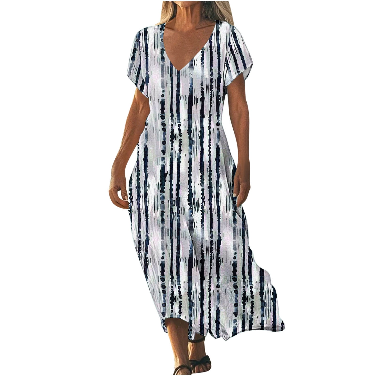 Mingw Womens Maxi Dresses V Neck Ruffle Long Casual Dresses Loose Plain Elegant Flowy Wedding Guest Dress M Blue