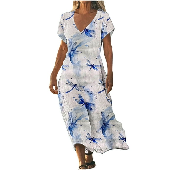 Taqqpue Womens Summer Maxi Dresses V-Neck Short Sleeve High Waist Flowy T Shirt Dress Casual Loose Sundress Tropical Print Beach Dresses