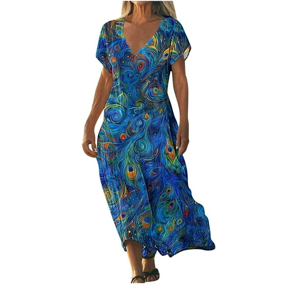Taqqpue Womens Summer Maxi Dresses V-Neck Short Sleeve High Waist Flowy T Shirt Dress Casual Loose Sundress Tropical Print Beach Dresses