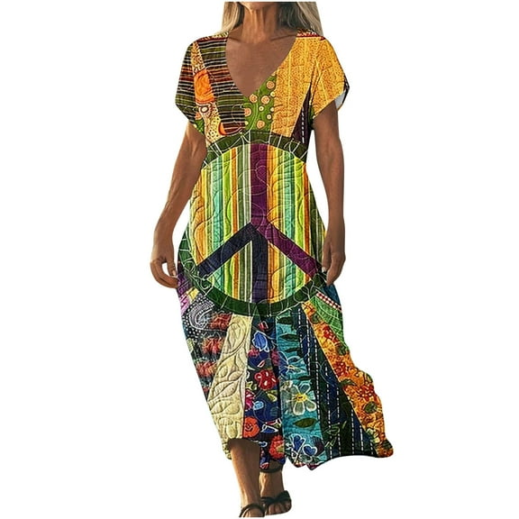 Taqqpue Womens Summer Maxi Dresses V-Neck Short Sleeve High Waist Flowy T Shirt Dress Casual Loose Sundress Tropical Print Beach Dresses