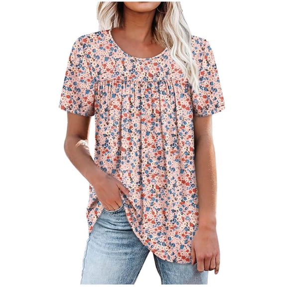 Taqqpue Womens Summer Plus Size Tops Floral Crew Neck Short Sleeve Shirts Loose Fit Casual Soft Flowy Blouse Tops
