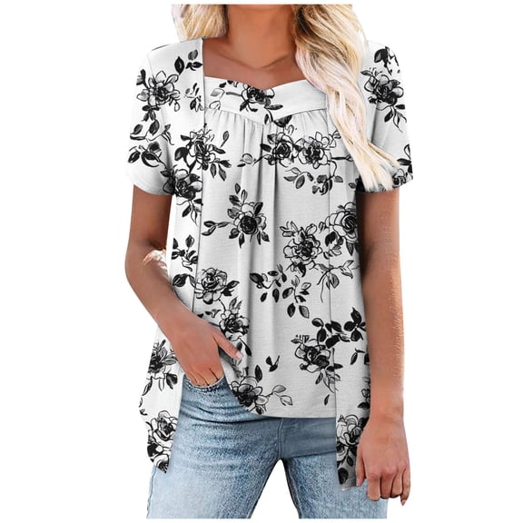 Taqqpue Womens Summer Plus Size Tops Short Sleeve Shirts Loose Fit Tunic Ladies Casual Soft Flowy Blouse V Neck Floral Tunic Tops