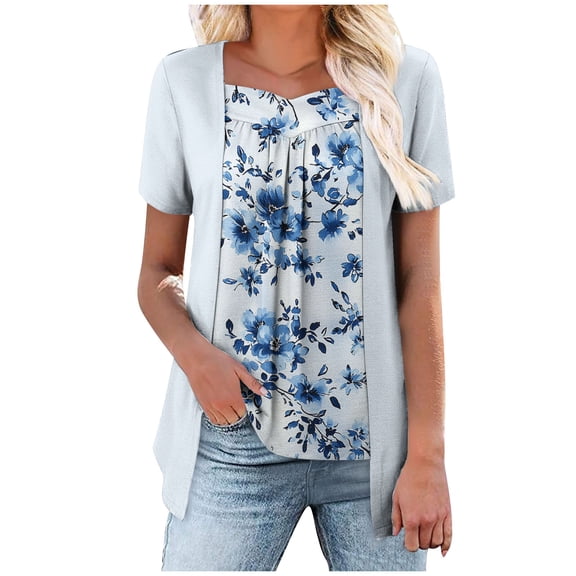Taqqpue Womens Summer Plus Size Tops Short Sleeve Shirts Loose Fit Tunic Ladies Casual Soft Flowy Blouse V Neck Floral Tunic Tops