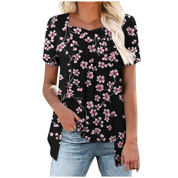 Taqqpue Womens Summer Plus Size Tops Short Sleeve Shirts Loose Fit Tunic Ladies Casual Soft Flowy Blouse V Neck Floral Tunic Tops