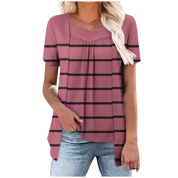 Taqqpue Womens Summer Plus Size Tops Short Sleeve Shirts Loose Fit Tunic Ladies Casual Soft Flowy Blouse V Neck Striped Tunic Tops