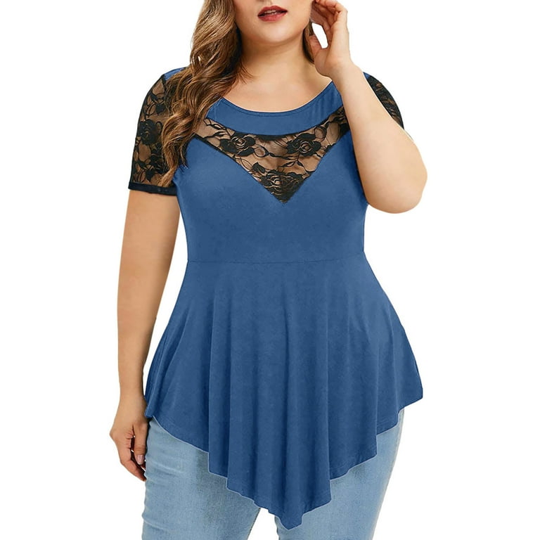 Casual Short sleeve Solid Color Lsce Plus size Tops Casual Short sleeve Solid Color Lsce Plus size Tops