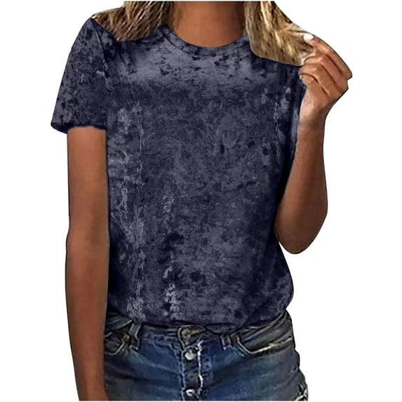 Taqqpue Womens Summer Short Sleeve Velvet Tops Solid Color Round Color Tees Loose Casual Velvet T-Shirts Blouses Shirts