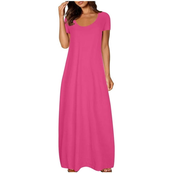 Taqqpue Womens Summer T Shirt Dress Casual Solid Color Crew Neck Short Sleeve Long Sundresses Loose Flowy Swing Maxi Dress