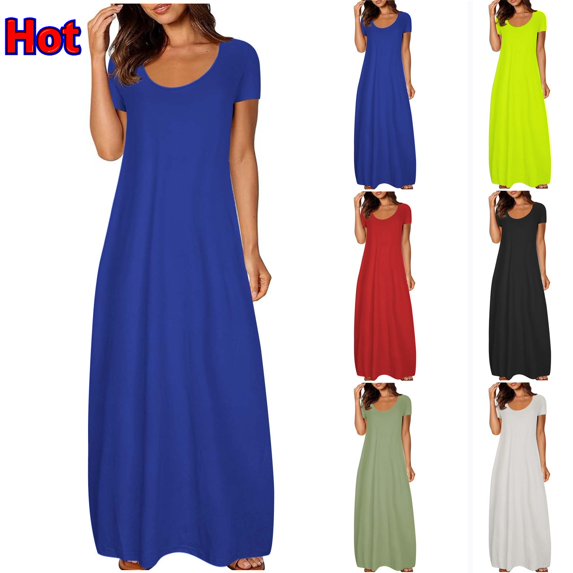 Taqqpue Womens Summer T Shirt Dress Casual Solid Color Crew Neck Short Sleeve Long Sundresses Loose Flowy Swing Maxi Dress