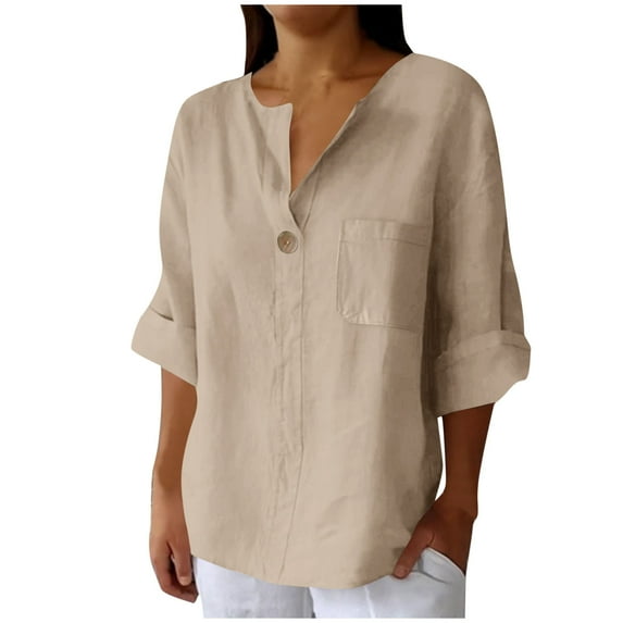 Taqqpue Womens Summer Tops Cotton Linen Shirts Short Sleeve V Neck Button Down Blouse Loose Fit Casual Breathable TShirts with Pocket