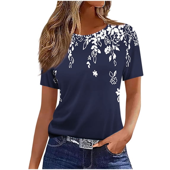 Taqqpue Womens Summer Tops Floral Printed Short Sleeve Round Neck Button T Shirts Casual Loose Fit Blouses