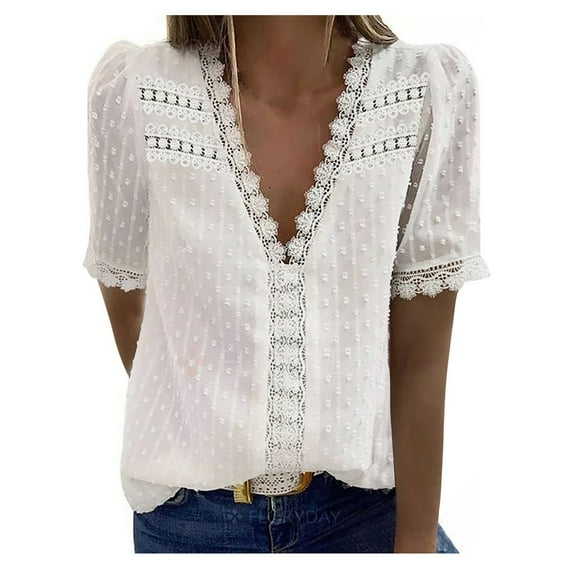 Taqqpue Womens Summer Tops Lace Trim V-Neck Short Sleeve CrocheT-Shirts Tunic Tops Solid Color Loose Flowy Casual Polka Dot Blouses Shirts for Women