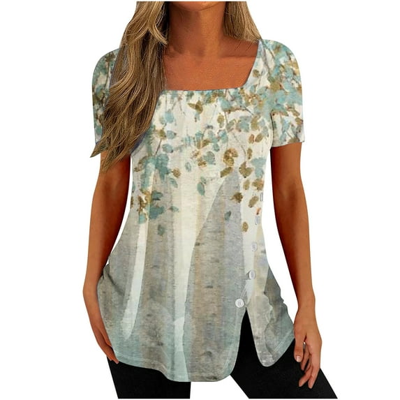 Taqqpue Womens Summer Tops Square Neck Side Split Button Tunic Tops Flare Blouses Comfortable Tees Casual Short Sleeve Floral T Shirts for Women