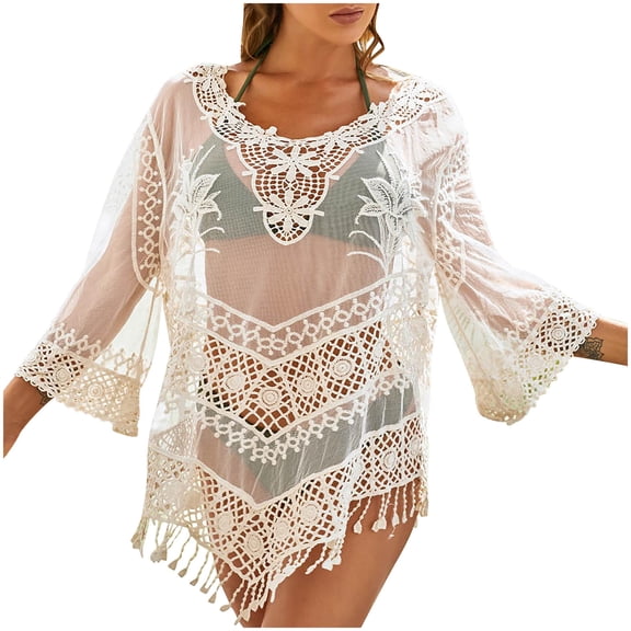 Taqqpue Womens Swimsuits Coverup Bathing Suits Cover Ups Long Sleeve Crew Neck Hollow Out Tessels Crochet Sheer Embroidery Sexy Swim Suits Swimwear Bikini Beach Dresses
