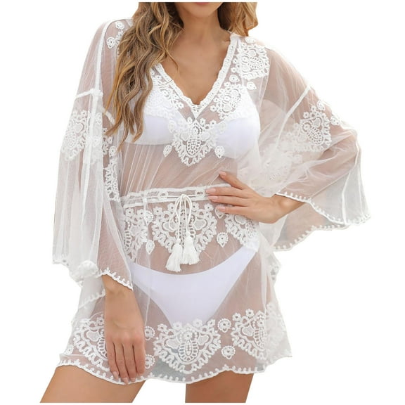 Taqqpue Womens Swimsuits Coverup Bathing Suits Cover Ups Long Sleeve V Neck Crochet Sheer Embroidery Sexy Swim Suits Swimwear Bikini Beach Dresses