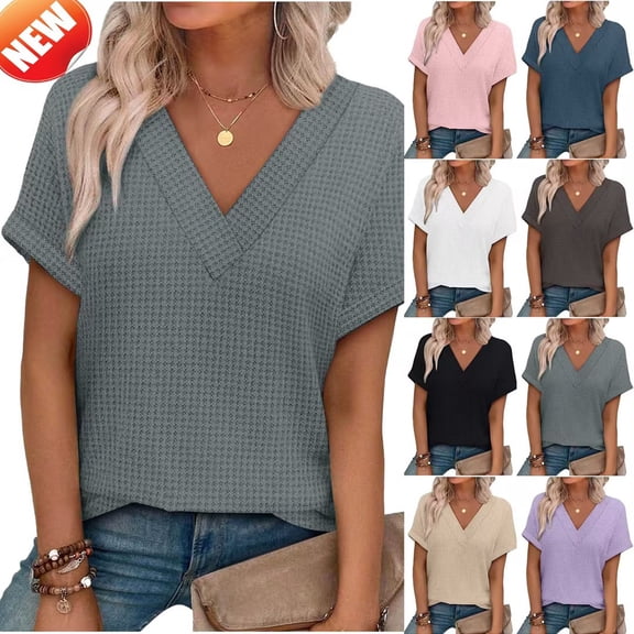 Taqqpue Womens T Shirts Summer Tops Short Cap Sleeve V Neck Casual Tees Loose Fit Plus Size Blouses for Women S-XXL