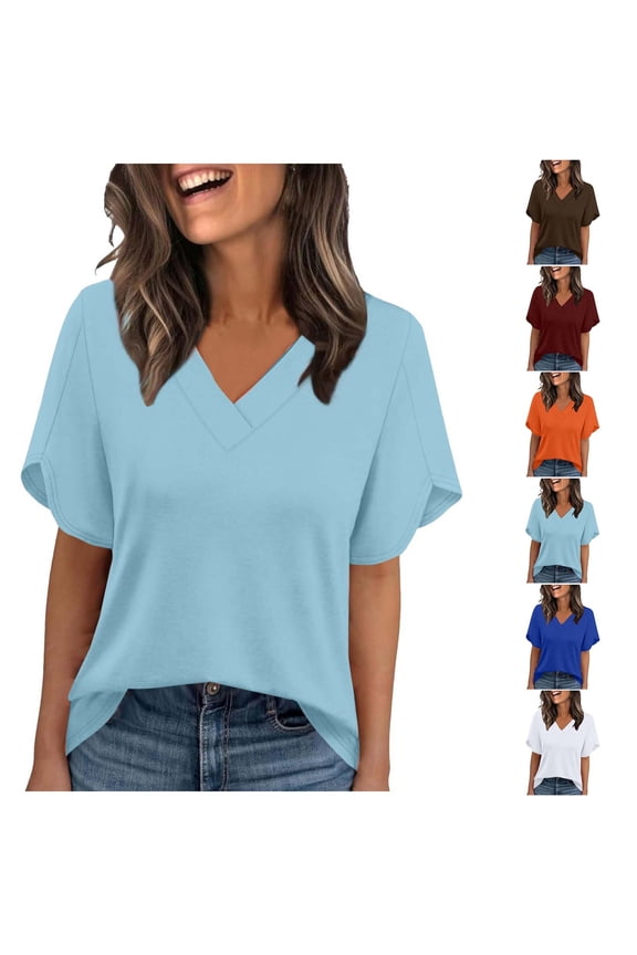Womens Tops Short Sleeve V Neck Tee Shirts Cute Dressy Casual Clothing Business Work Blouse