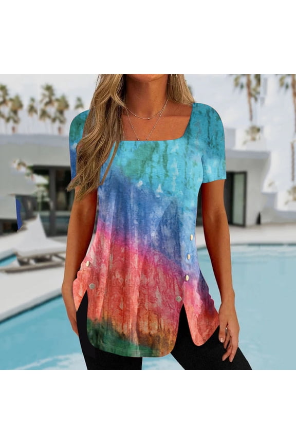 Womens Tunic Tops Square Neck Side Split Button T Shirts Casual Short Sleeve Floral Print Summer Tees Comfortable Tunic Shirts Flare Blouses Tops for Women