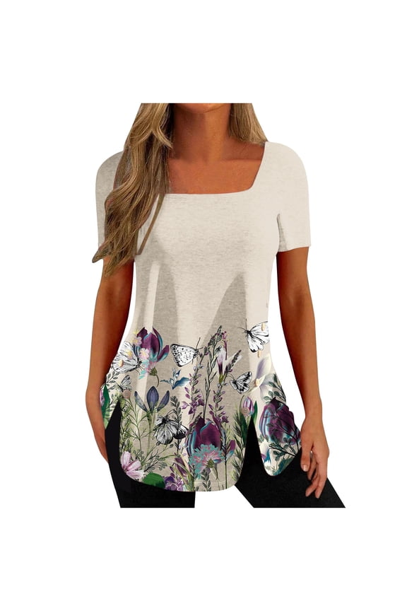 Womens Tunic Tops Square Neck Side Split Button T Shirts Casual Short Sleeve Floral Print Summer Tees Comfortable Tunic Shirts Flare Blouses Tops for Women