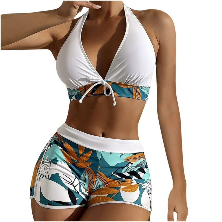 Taqqpue Womens Two Piece Halter Swimsuit Athletic Push Up Bikini Set Swimwear with Boyshorts Sporty V Neck Bathing Suit