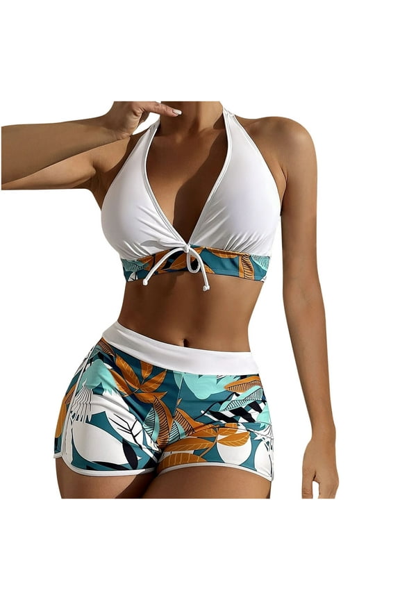 Womens Two Piece Halter Swimsuit Athletic Push Up Bikini Set Swimwear with Boyshorts Sporty V Neck Bathing Suit