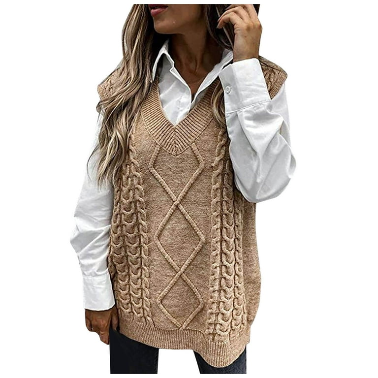 Taqqpue Womens V-Neck Cable Knit Sweater Vest Plus Size Solid Color Loose Tunic Pullover Knitwear Tops Oversized Womens Sweater Vest Tops,Christmas Gifts Women -
