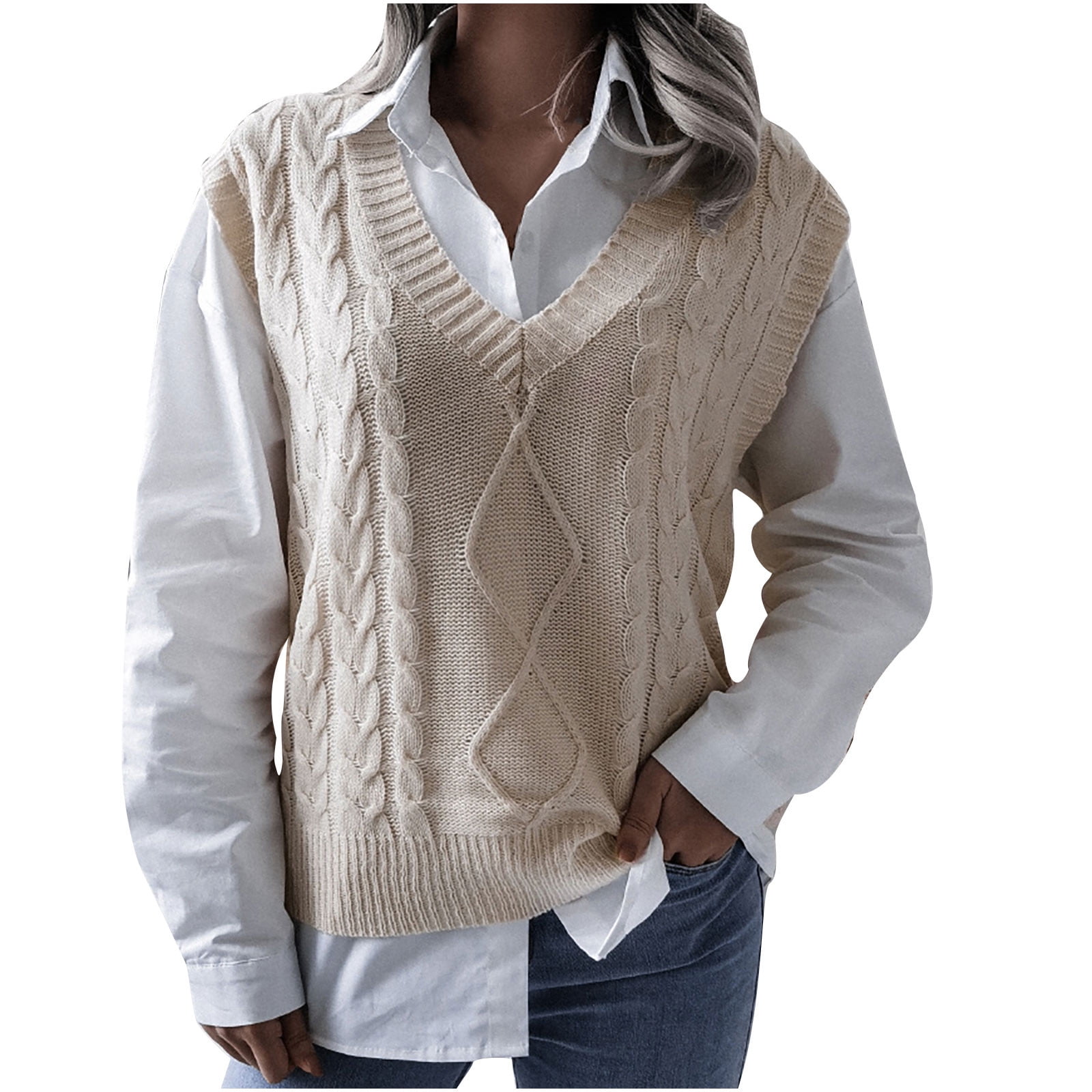 Taqqpue Womens V-Neck Cable Knit Sweater Vest Plus Size Solid Color Loose Tunic Pullover Knitwear Tops Oversized Womens Sweater Vest Tops,Christmas Gifts Women -