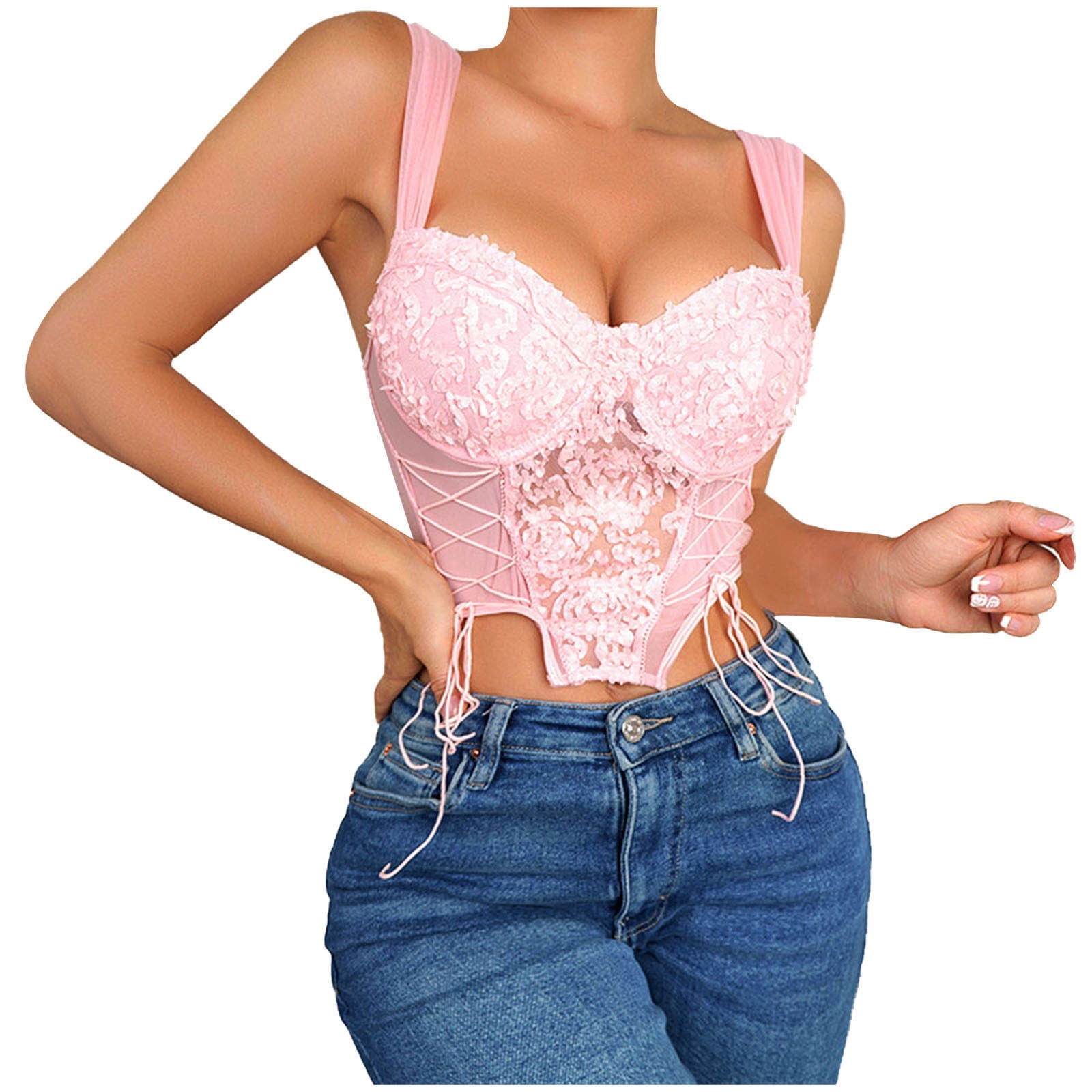 Taqqpue Womens Vintage Floral Print White Corset Sexy Lace Spaghetti Strap  Lace Up Corset Mesh See Through Cami Crop Tops Rave Cute Outfits Vest  Bustiers Corset Tops for Women 