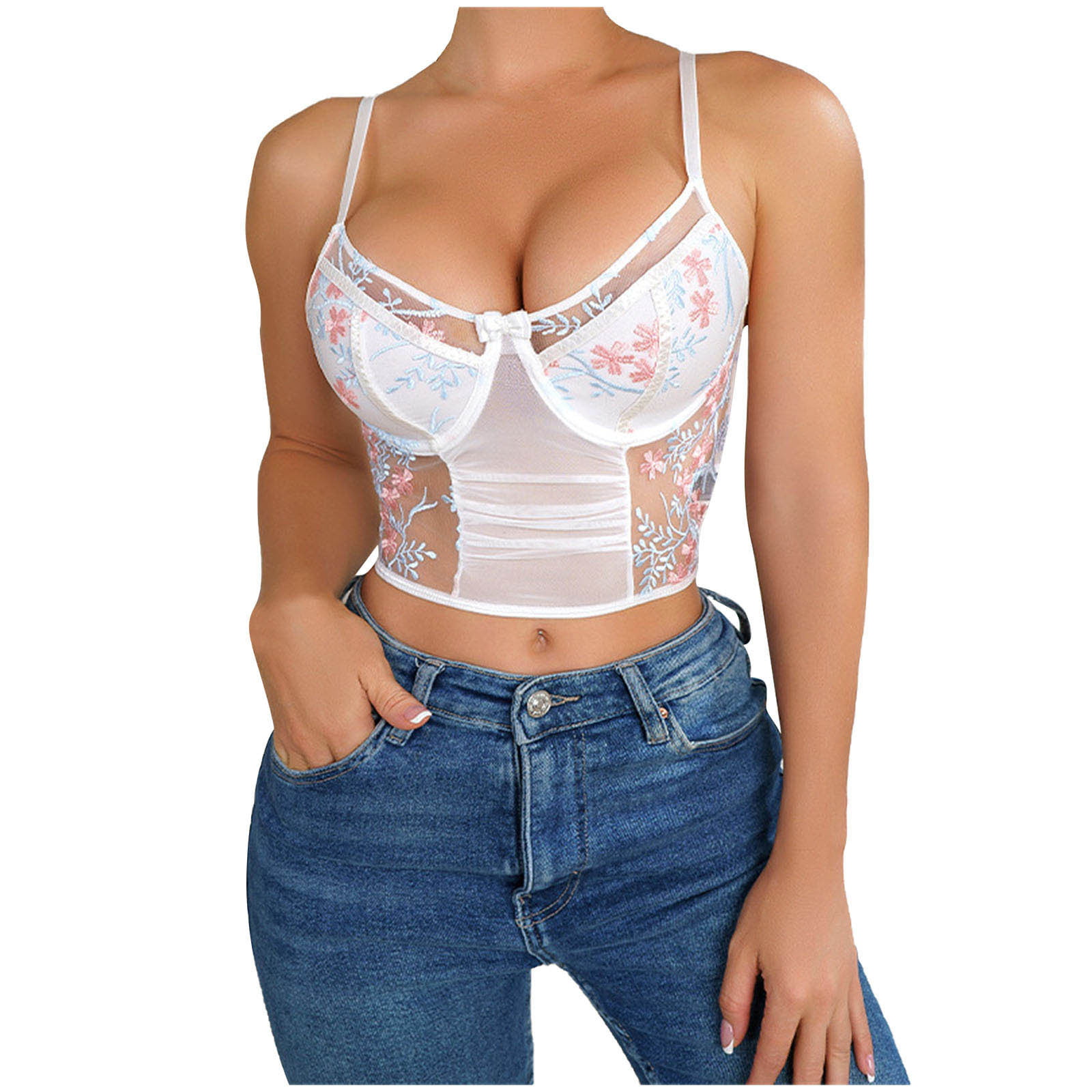 Taqqpue Womens Vintage Floral Print White Corset Sexy Lace Spaghetti Strap  Lace Up Corset Mesh See Through Cami Crop Tops Rave Cute Outfits Vest Bustiers  Corset Tops for Women 