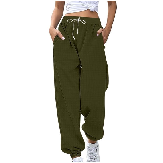 Taqqpue Womens Waffle Lounge Wide Leg Pants Casual Solid Color High Elastic Waist Flowy Pants Loose Fit Drawstring Baggy Palazzo Harem Pants with Pockets