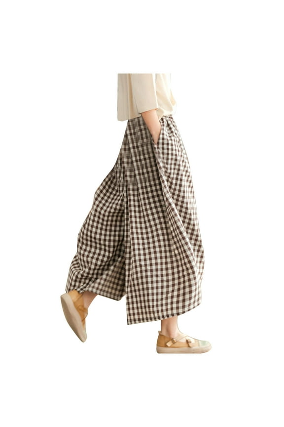 Womens Wide Leg Capri Pants Cotton Gingham Plaid Culottes Casual Wide Leg Pants Skirt Elastic Waist Palazzo Trousers Bottoms with Pockets