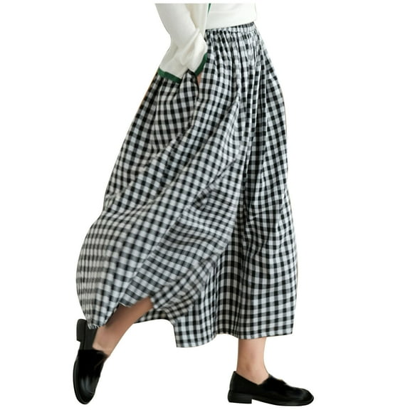 Taqqpue Womens Wide Leg Capri Pants Cotton Gingham Plaid Culottes Casual Wide Leg Pants Skirt Elastic Waist Palazzo Trousers Bottoms with Pockets