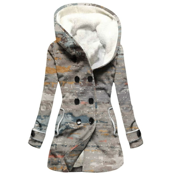Taqqpue Womens Winter Warm Fleece Lined Hooded Coats Jacket Outerwear Overcoat Cardigan Casual Oversized Long Sleeve Vintage Printed Double Breasted Winter Sweater Coats Long Hooded Jackets for Women