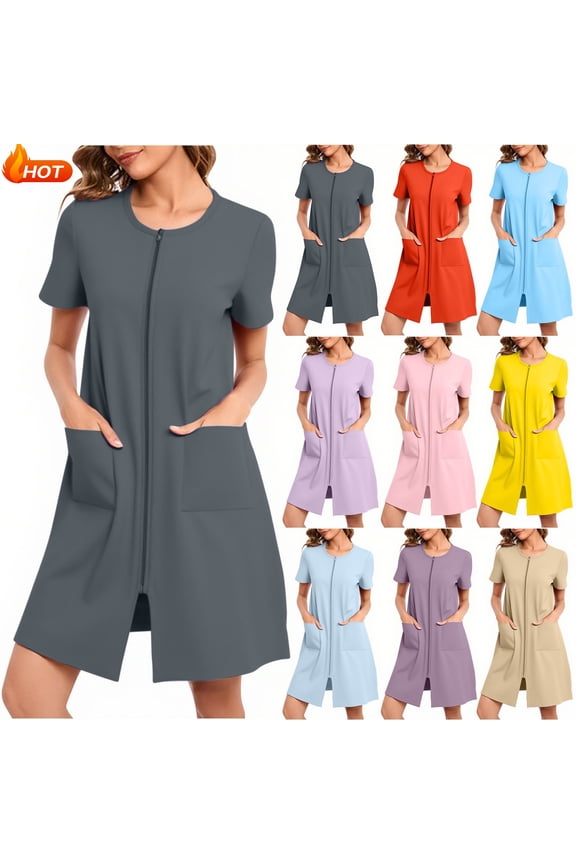 Zip Up Robes for Women Casual Solid Color Short Bathrobe Sleepshirts Lightweight Knee Length Housecoat with Pockets Nightgown S-XXL
