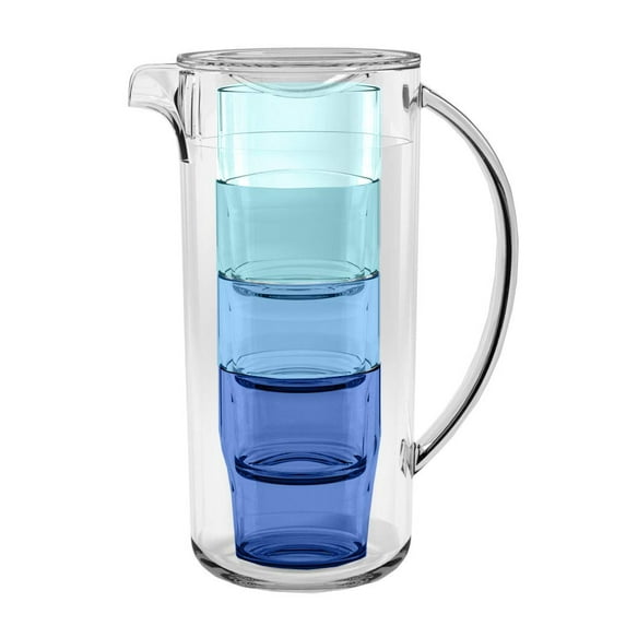 TarHong Simple Stacked Nested Pitcher Set with 4 Assorted Color Glasses, 91 oz, Premium Plastic, 5 Piece Set