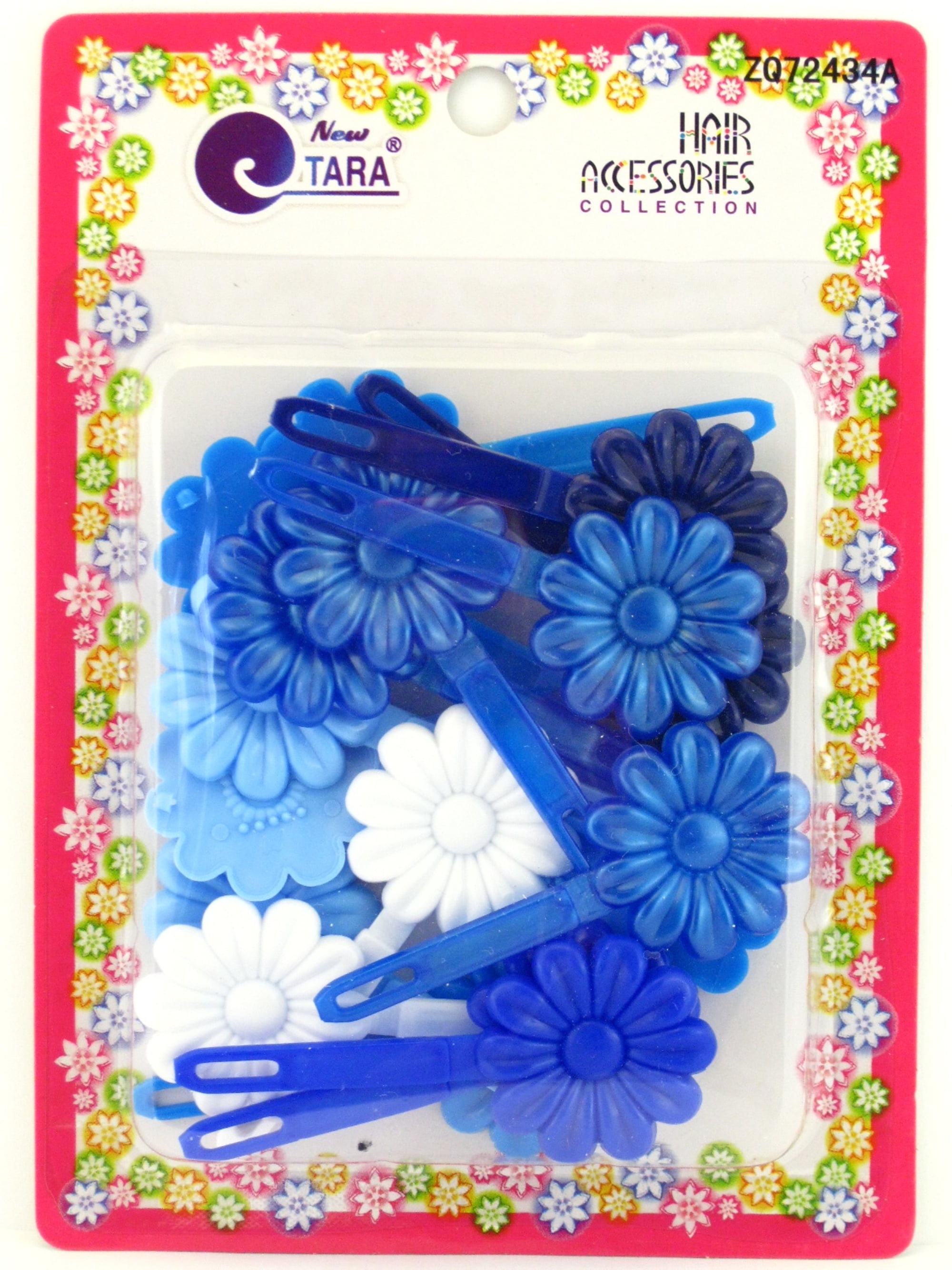 Tara Children's Self Hinge Plastic Flower Hair Barrettes Blue & White