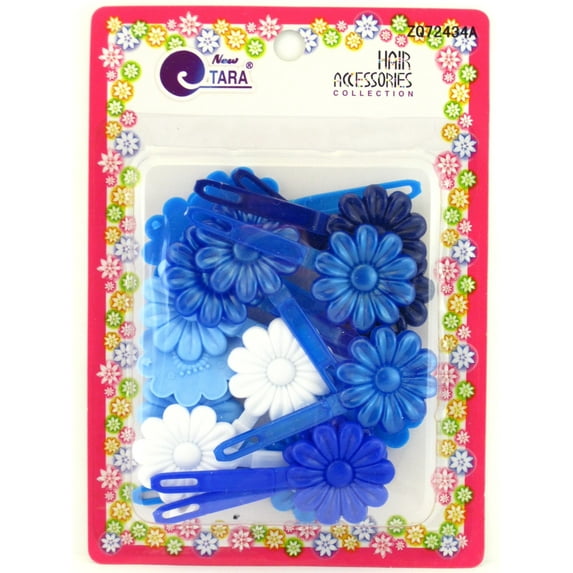 Tara Children's Self Hinge Floral Hair Barrettes - Blue & White - 18 Pcs.