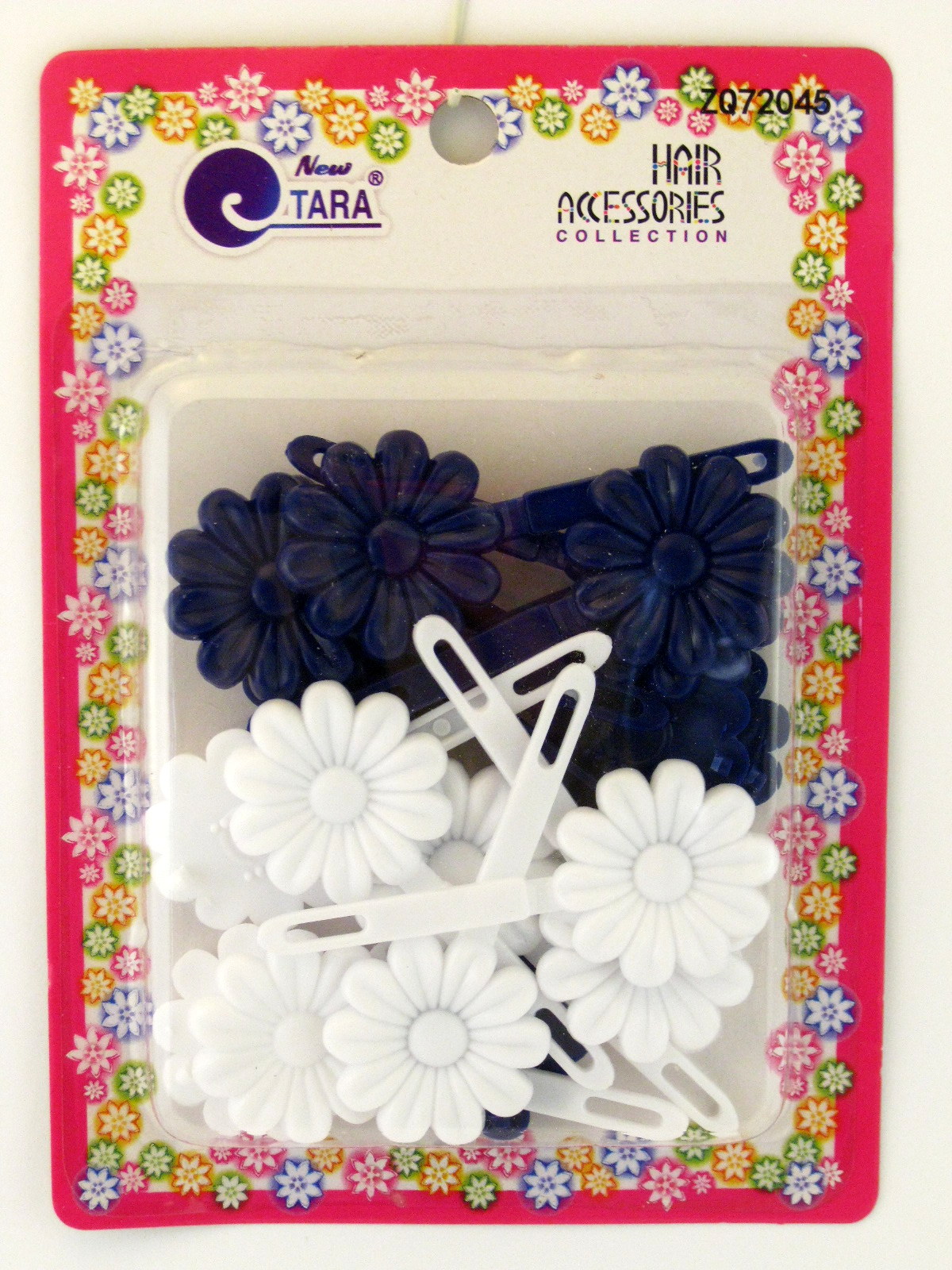 Tara Girls Self Hinge Plastic Flower Hair Barrettes Blue & White 18