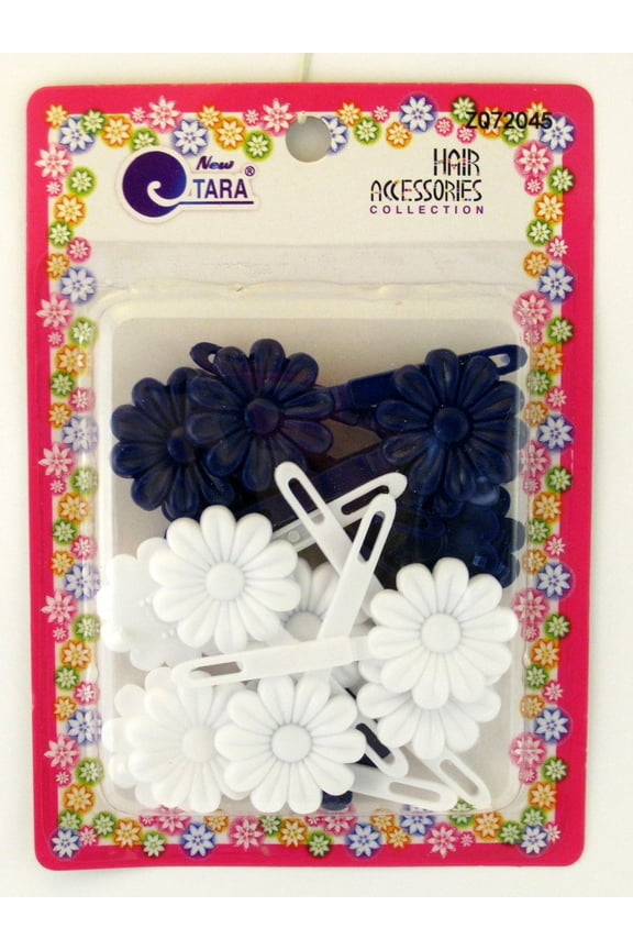 Girls Self Hinge Plastic Flower Hair Barrettes, Blue & White, 18 Pcs.