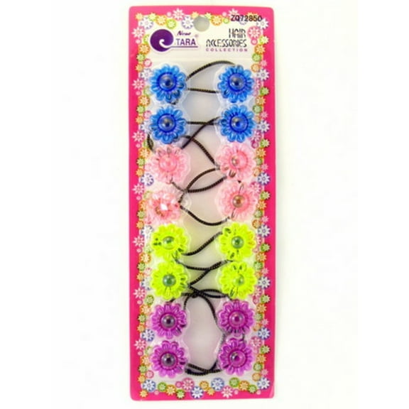 Tara Girls Twin Flower Assorted Color Metal Free Ponytail Holder Elastics - 8 Pcs.