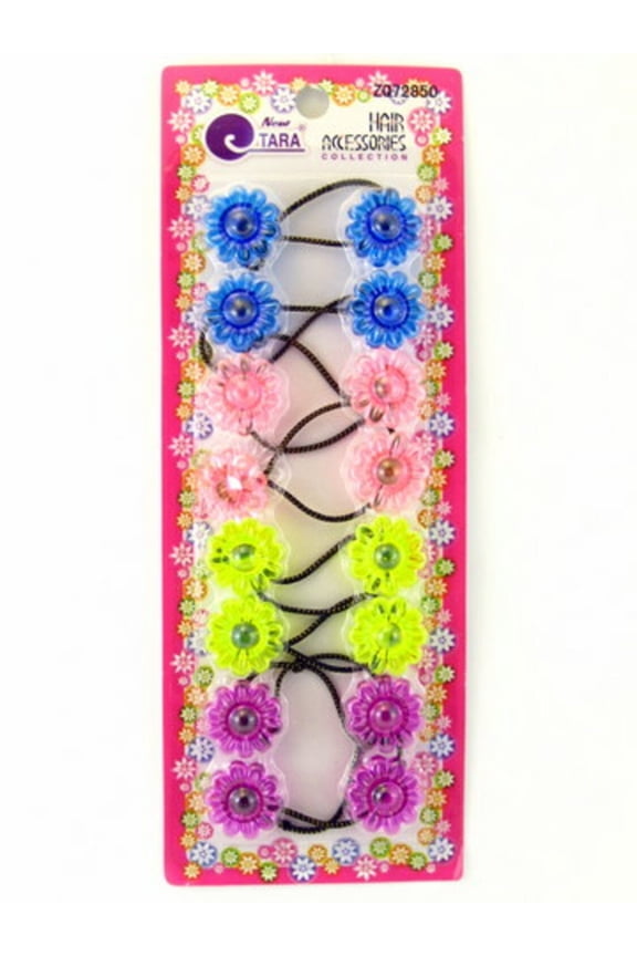 Girls Twin Flower Assorted Color Metal Free Ponytail Holder Elastics - 8 Pcs.