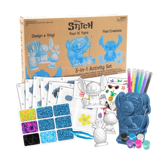 Tara Toy: 3-In-1 Activity Set - Disney Stitch - Craft Kit, 3 DIY Creations: Design A Vinyl Figure, Pour 'N Paint, Pixel Creations 3D Character, Kid 6+
