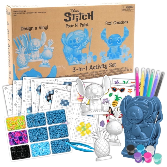Tara Toy: 3-In-1 Activity Set - Disney Stitch - Craft Kit, 3 DIY Creations: Design A Vinyl Figure, Pour 'N Paint, Pixel Creations 3D Character, Kid 6+
